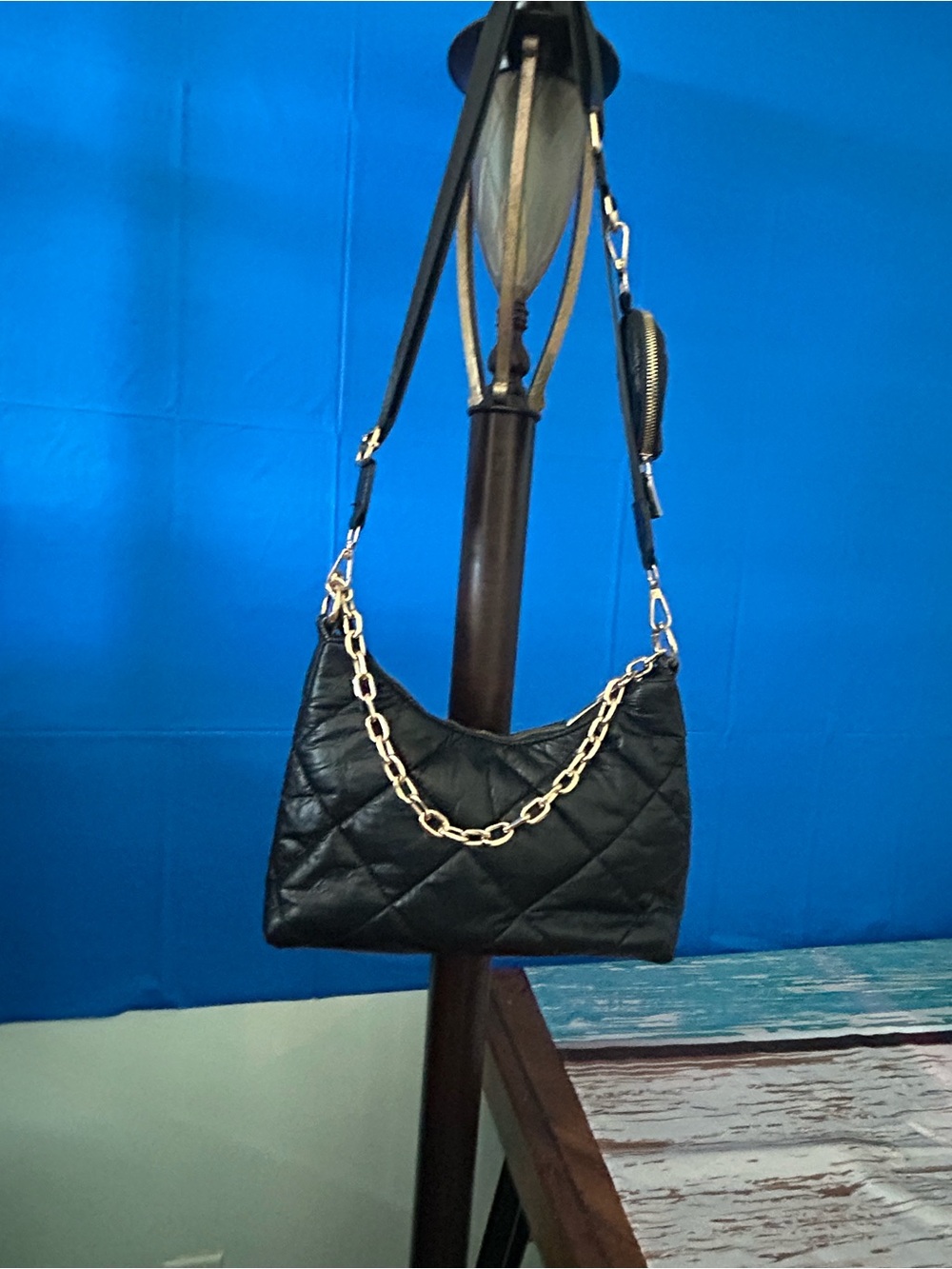Quilted Black Crossbody Bag with Gold Chain Accent